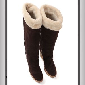 👉Authentic YSL Brown Suede Shearling Fur Wedge